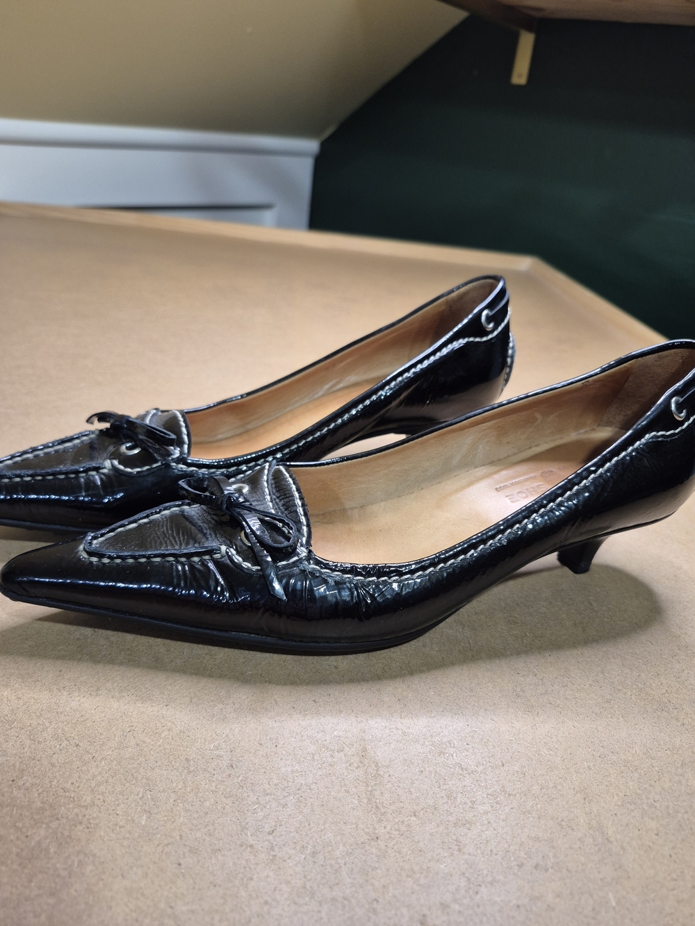 The Original Car Shoe Black Patent Pointed-Toe Kitten Heels with Bow